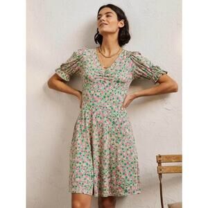 Boden Puff Sleeve Floral Print Jersey Mini Dress Size 8 V Neck Spring Coquette